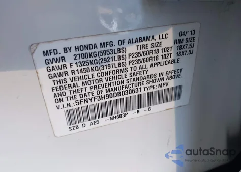 2013 Honda Pilot Touring from USA, damaged, VIN 5FNYF3H90DB030631
